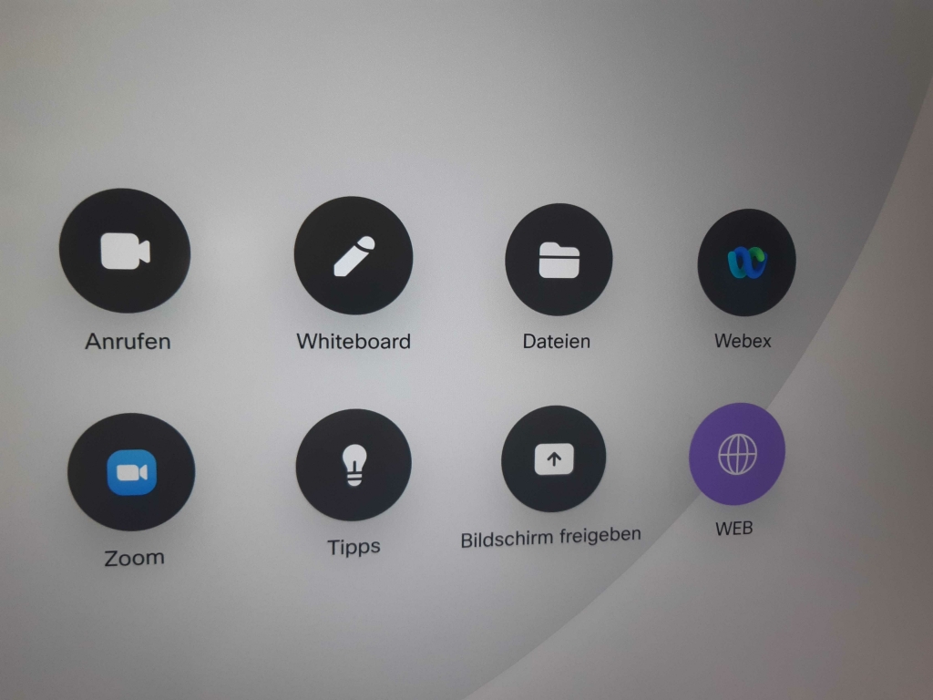 Menu for calls, whitebaord, files, Webex, Zoom, Tips, Share screen, Web. The menu items are all in German.