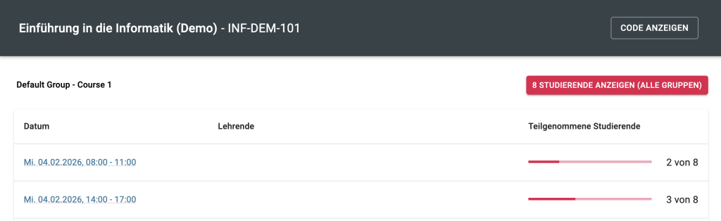In der Liste der LV-Termine gibt es eine Spalte teilgenommene Studierende, wo gezeigt wird, wie viele Personen anwesend waren. Darüber ist der Button X Studierende anzeigen.