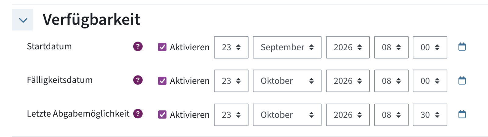 Start, Fälligkeit und letzte Abgabemöglichkeit einstellen