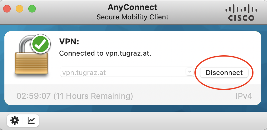 Cisco Anyconnect Window, the Disconnect button is highlighted