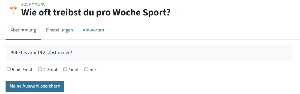 Hier sieht man die Abstimmung aus Sicht der Vortragenden mit der Frage, dem Beschreibungstext und vier Antwortoptionen
