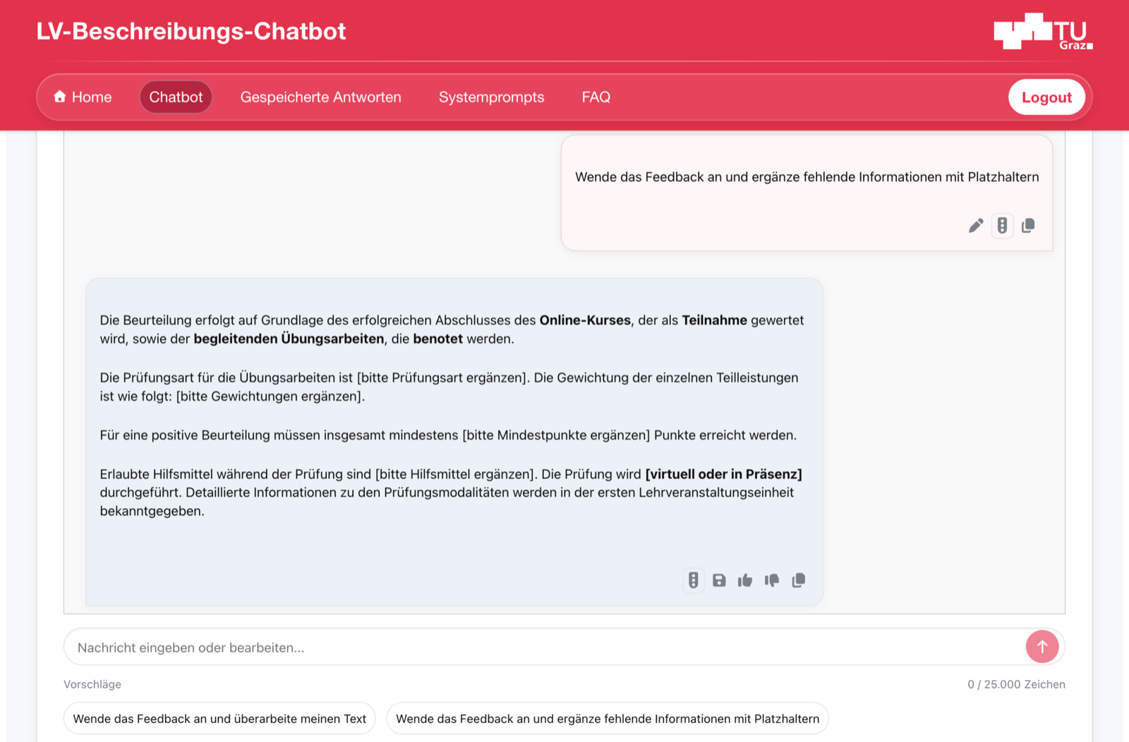 Chat window in the course description chatbot. Below the chat window, there is an input field and suggested example prompts.
