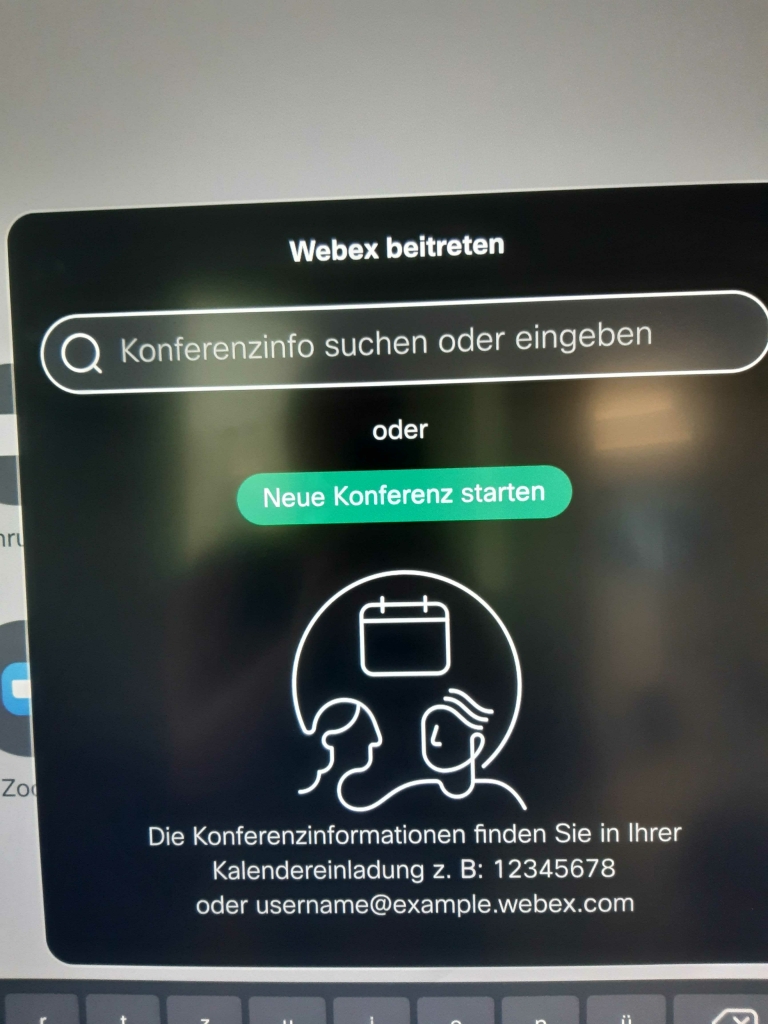 field for searching for the conference number or a name and the button Join Meeting. The interface is in German
