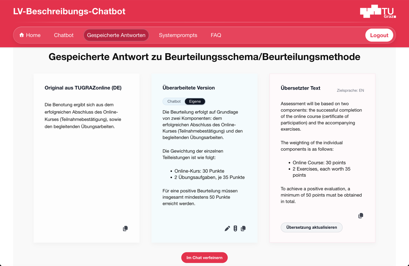 Saved responses in three columns: Column 1 shows the original text, column 2 shows the text from the chatbot, and column 3 shows the translation.