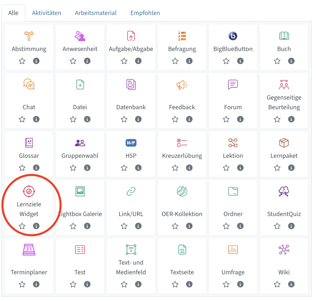 Die Aktivitätenauswahl, das Lernzielewidget ist markiert