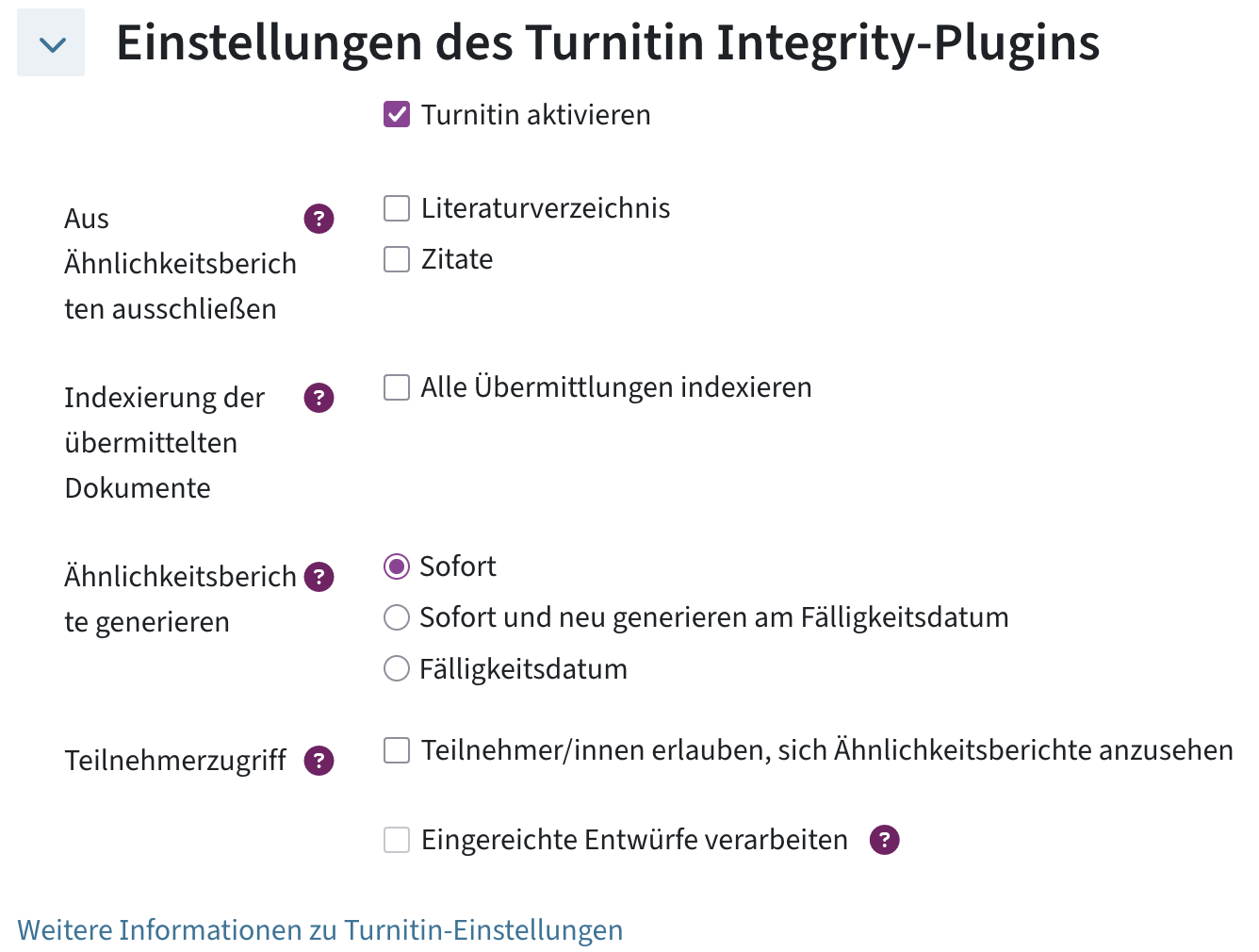 Einstellungen des Turnitin Integrity-Plugins, um Similarity Check in einer normalen Abgabe zu aktivieren