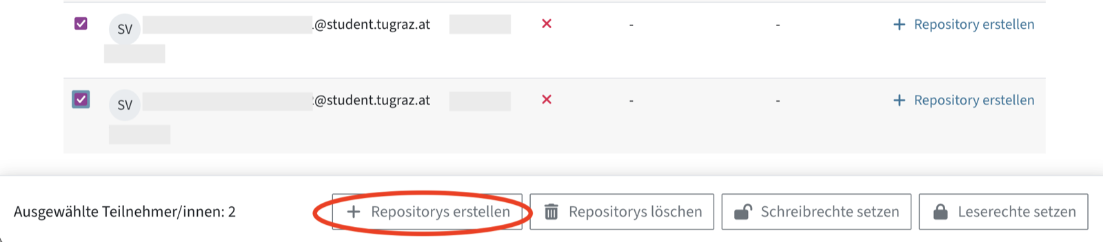 Tabelle mit Studierenden, zwei Personen sind markiert. Unter der Tabelle ist das Menü Ausgewählte Teilnehmer/innen. Repositorys erstellen ist markiert.