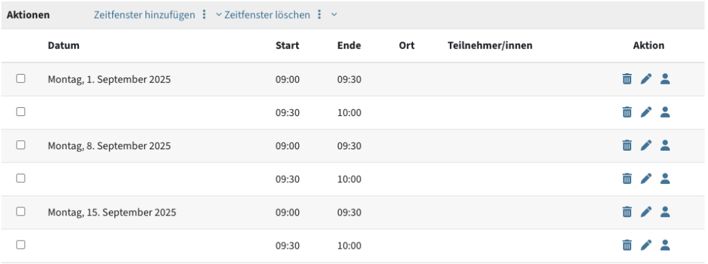 Liste aller angelegten Zeitfenster, die sich wöchentlich wiederholen