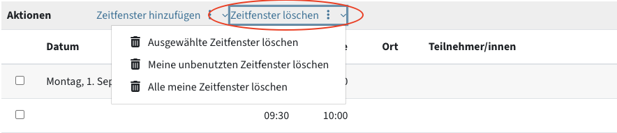 Option "Zeitfenster löschen" über der Liste der buchbaren Termine