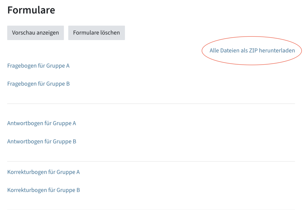 Downloadlinks zu den Formularen für jede Gruppe (Fragebogen, Antwortbogen, Korrekturbogen), rechts darüber die Option "Alle Dateien als ZIP herunterladen"