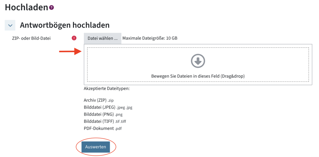 Drag-und-Drop-Feld für Dateien, darunter der Button "Auswerten"