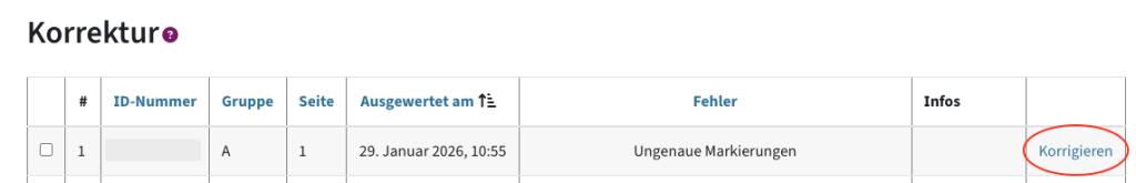 Tabelle mit Daten zur hochgeladenen Datei, rechts davon die Option "Korrigieren"