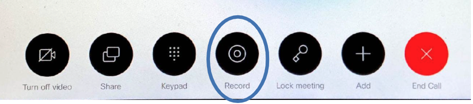 Screenshot of the menu with controls during a meeting. The record button is highlighted