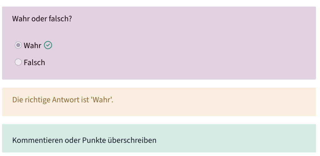 Unter der Frage sieht man die richtige Antwort und einen Button zum Kommentieren oder Punkte überschreiben