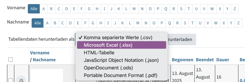 Testergebnisse als Tabelle herunterladen: Format auswählen