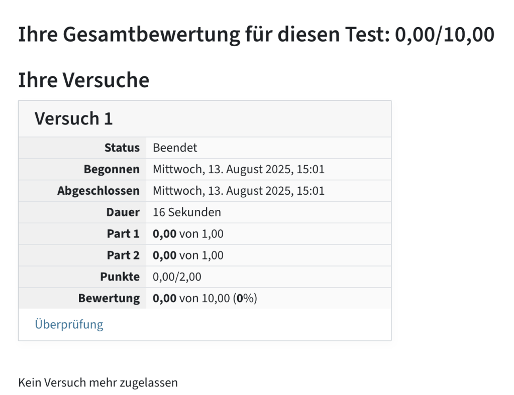 Übersicht über eine Gesamtbewertung mit Teilbewertungen für 2 Abschnitte