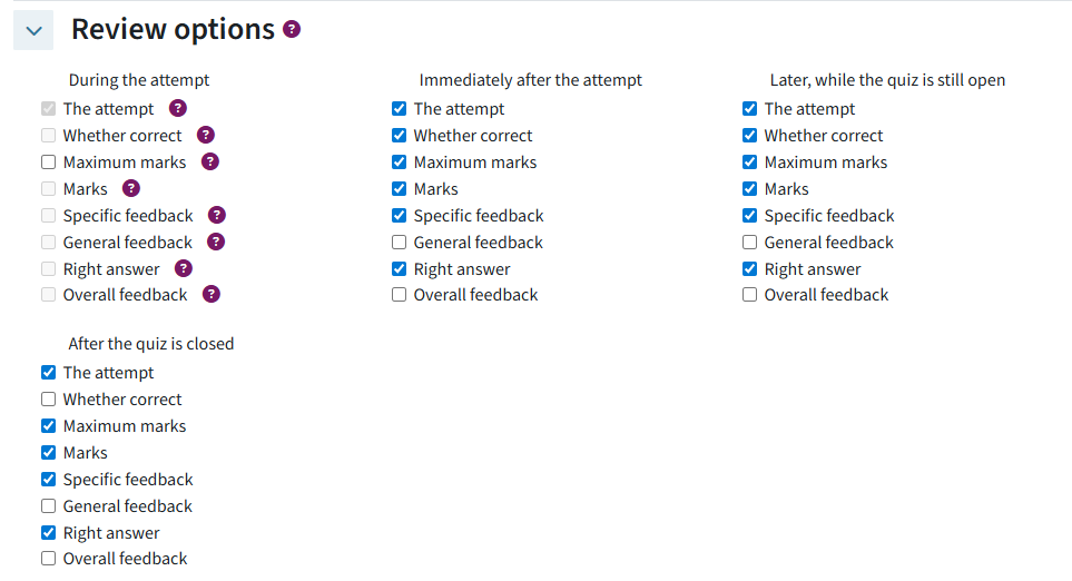 Review options with everything checked except general and overall feedback