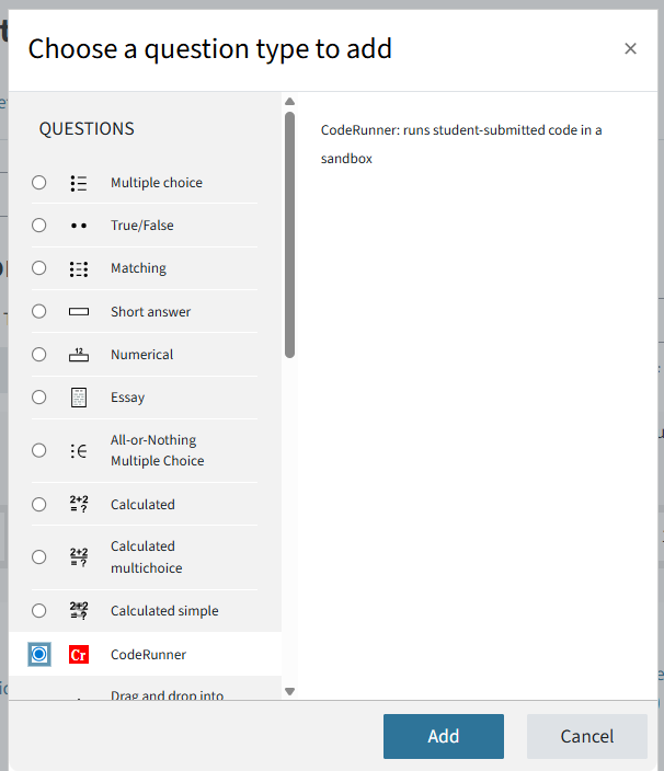 Choosing a question type: Coderunner is one of the options