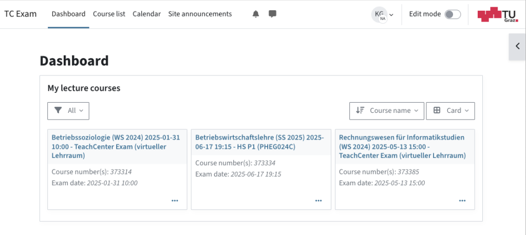 View of the dashboard in TC Exam