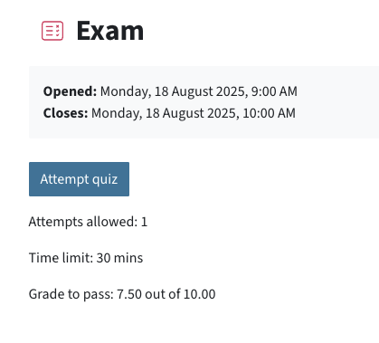 Quiz information and button "Attempt quiz"