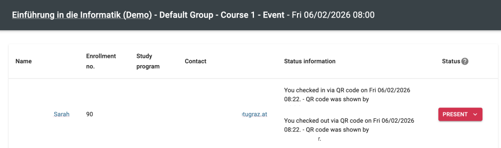 The column status information in the overview shows that a student has checked in using the QR code