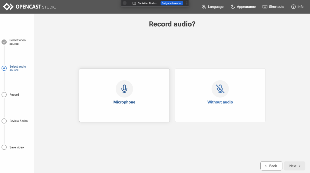 In select audio source, choose whether you want to record your microphone or record without audio.