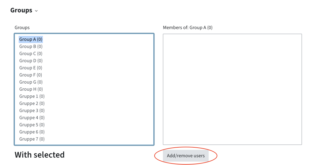 On the left, a list of groups is shown. On the right, members of the group are listed. Below, there is a button to add/remove users.