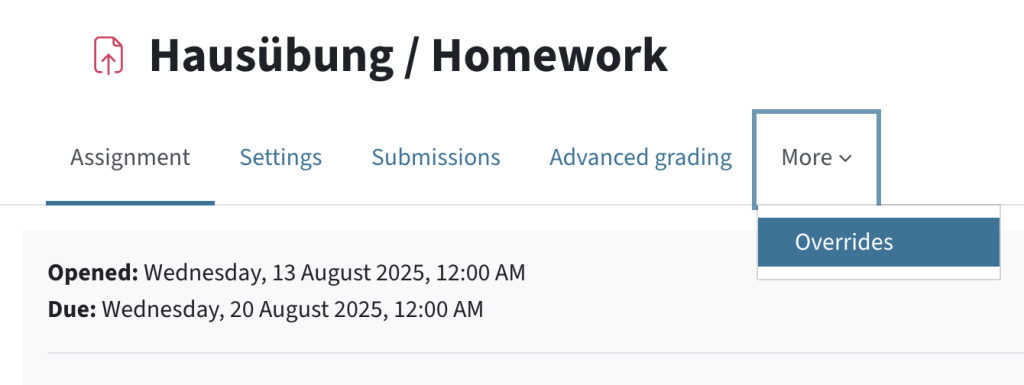 Set overrides for single students via More - Overrides