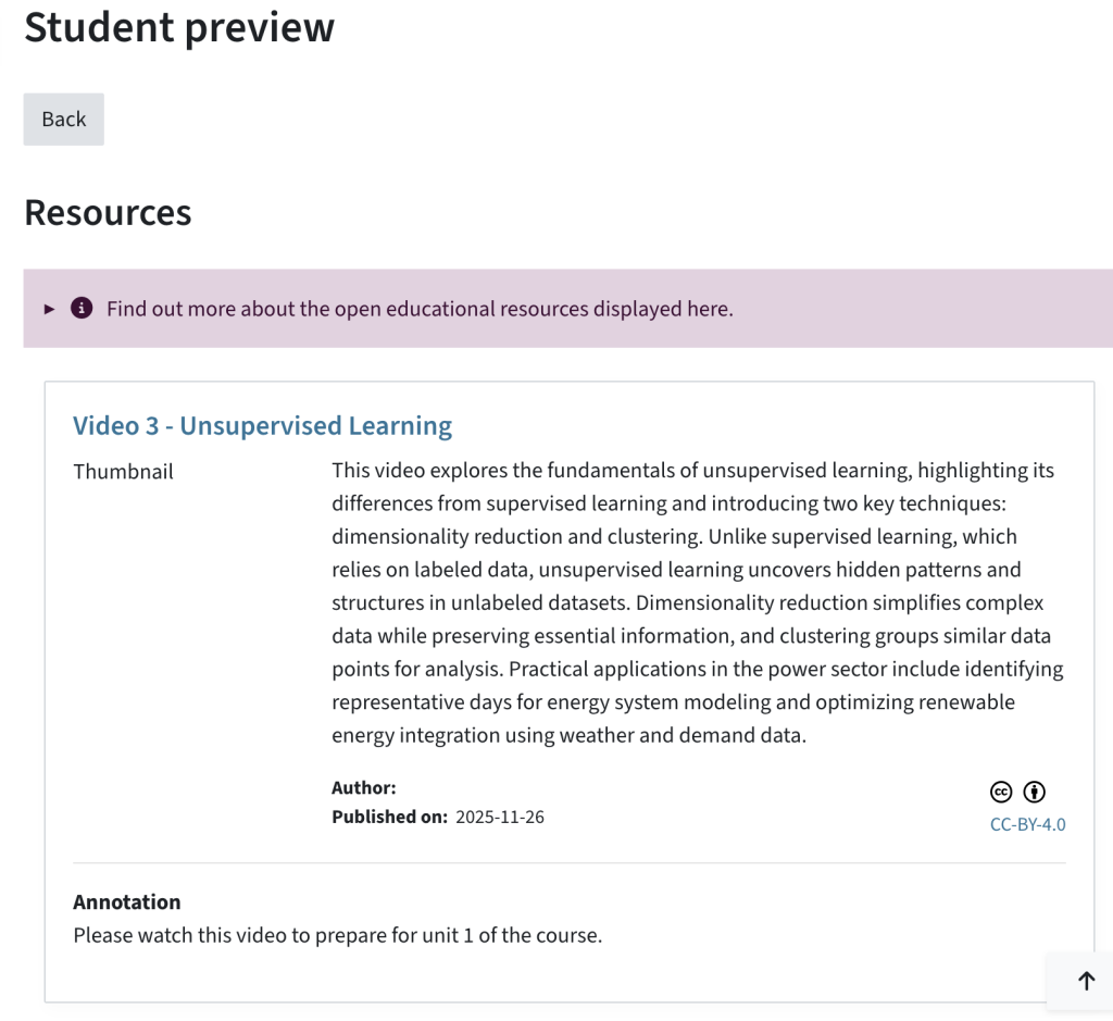 Student preview shows resource, description of the resource, licence and annotation