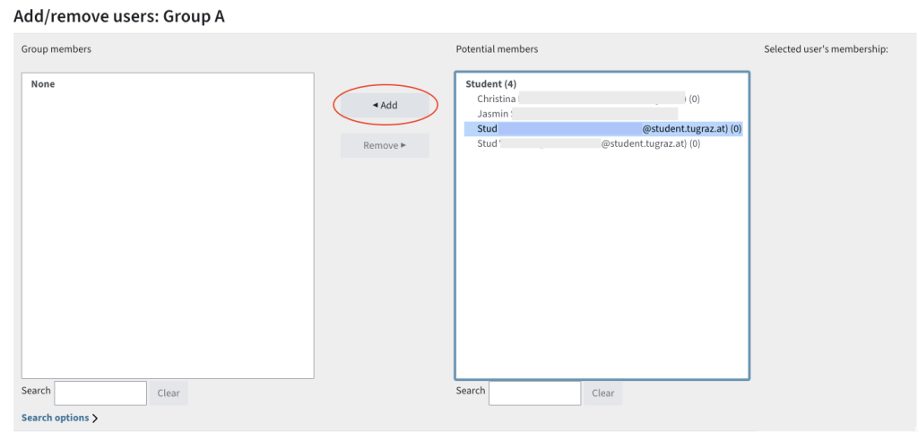 On the left, a list of students who are already in the group. On the right, a list of potential students to be added. In the middle, the buttons Add and Remove