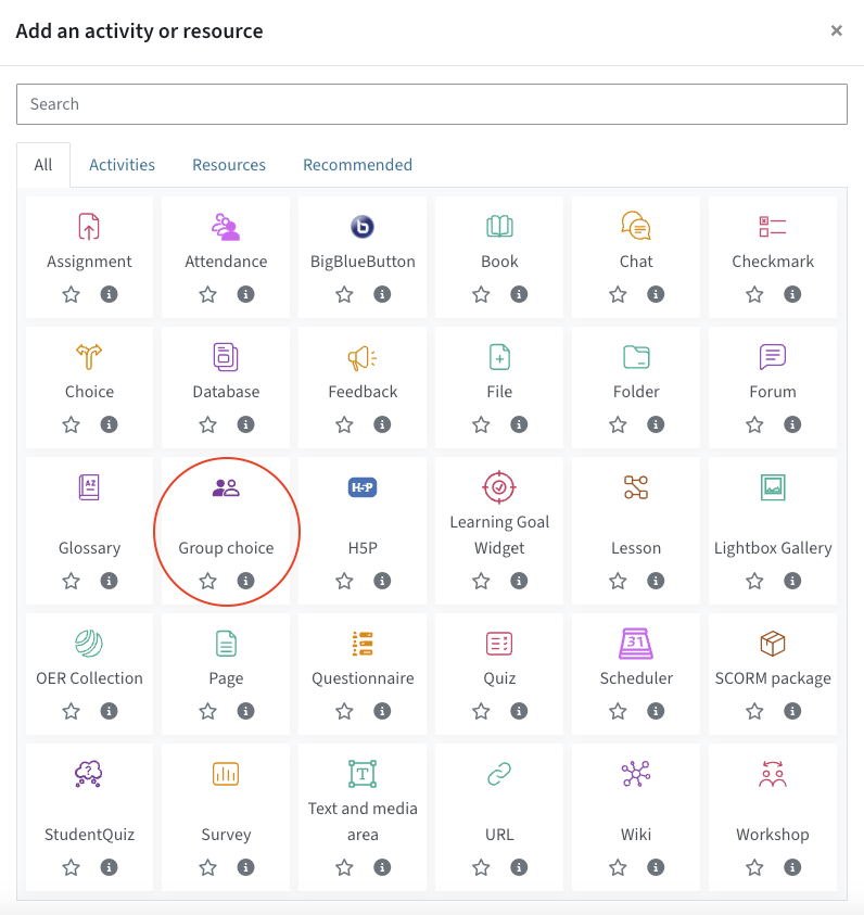 The group choice activity is highlighted in the activity chooser