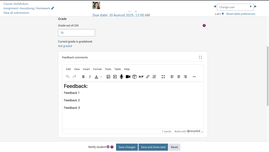 Grading interface where you can enter the grade, comments or feedback files