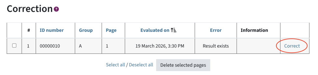 this is the section correction, it is a table which shows one upload with its date and which error ocurred. to the right of the table, there a button that says correct. this button is highlighted.
