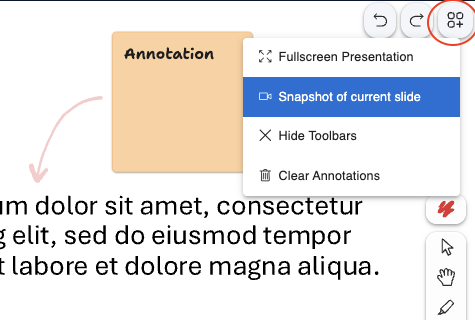 A presentation with annotations, on the top right the settings icon and below a dropdown with "snapshot of current slide" highlighted