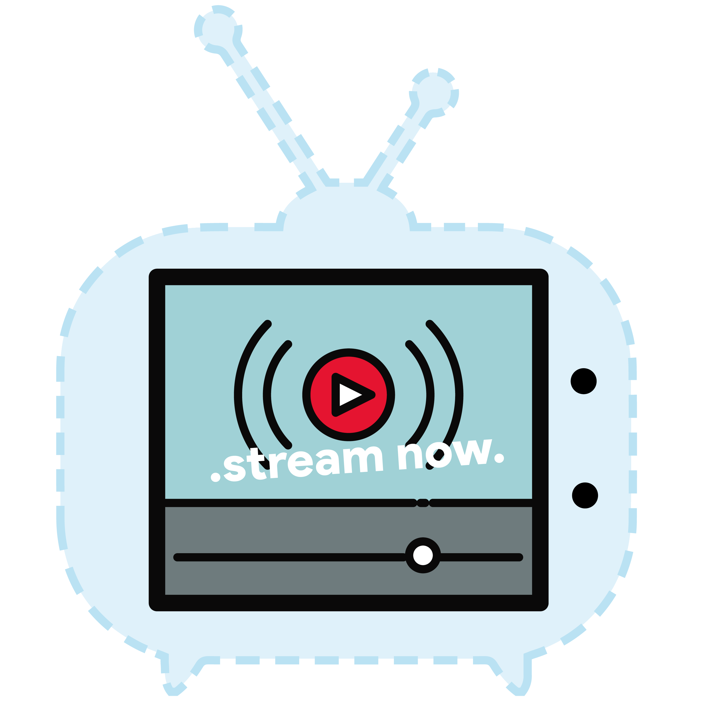 Sticker zum Beitrag: ein Fernseher mit Play-Button und Text "Stream Now"