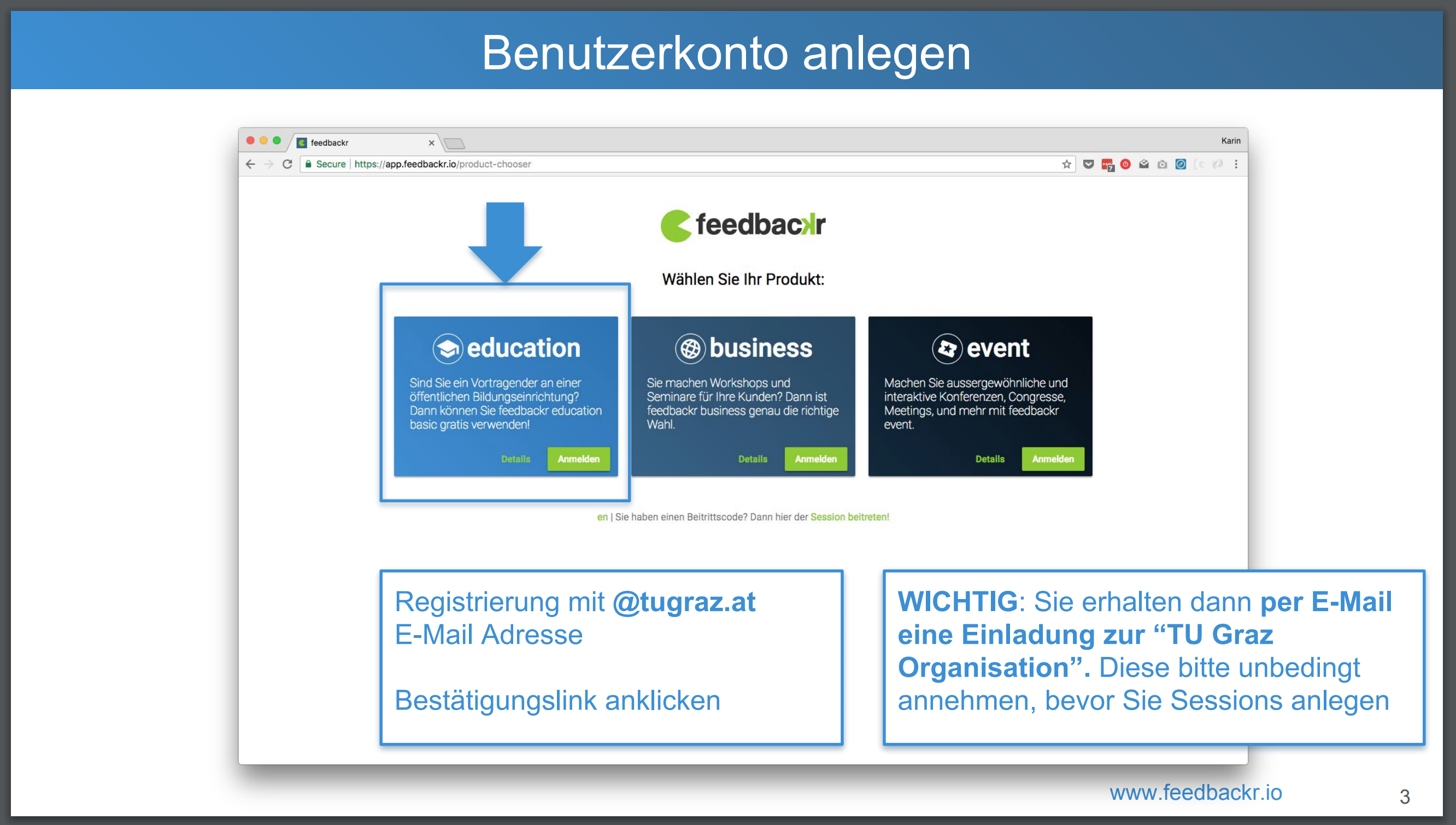Screenshot der verschiedenen Lizenzmodelle von feedbackr (education, business, event)