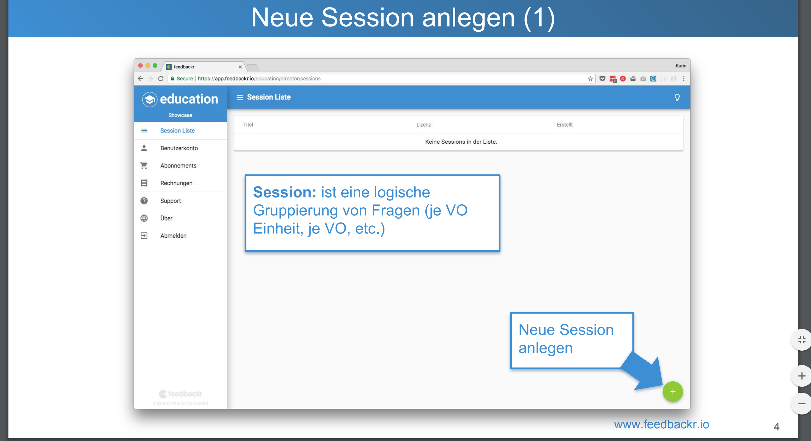 Screenshot des Menüs, wo eine neue Session erstellt werden kann.