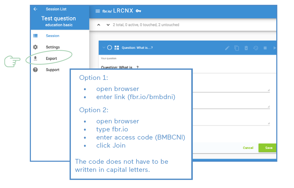 Screenshot of the view for students and the access options