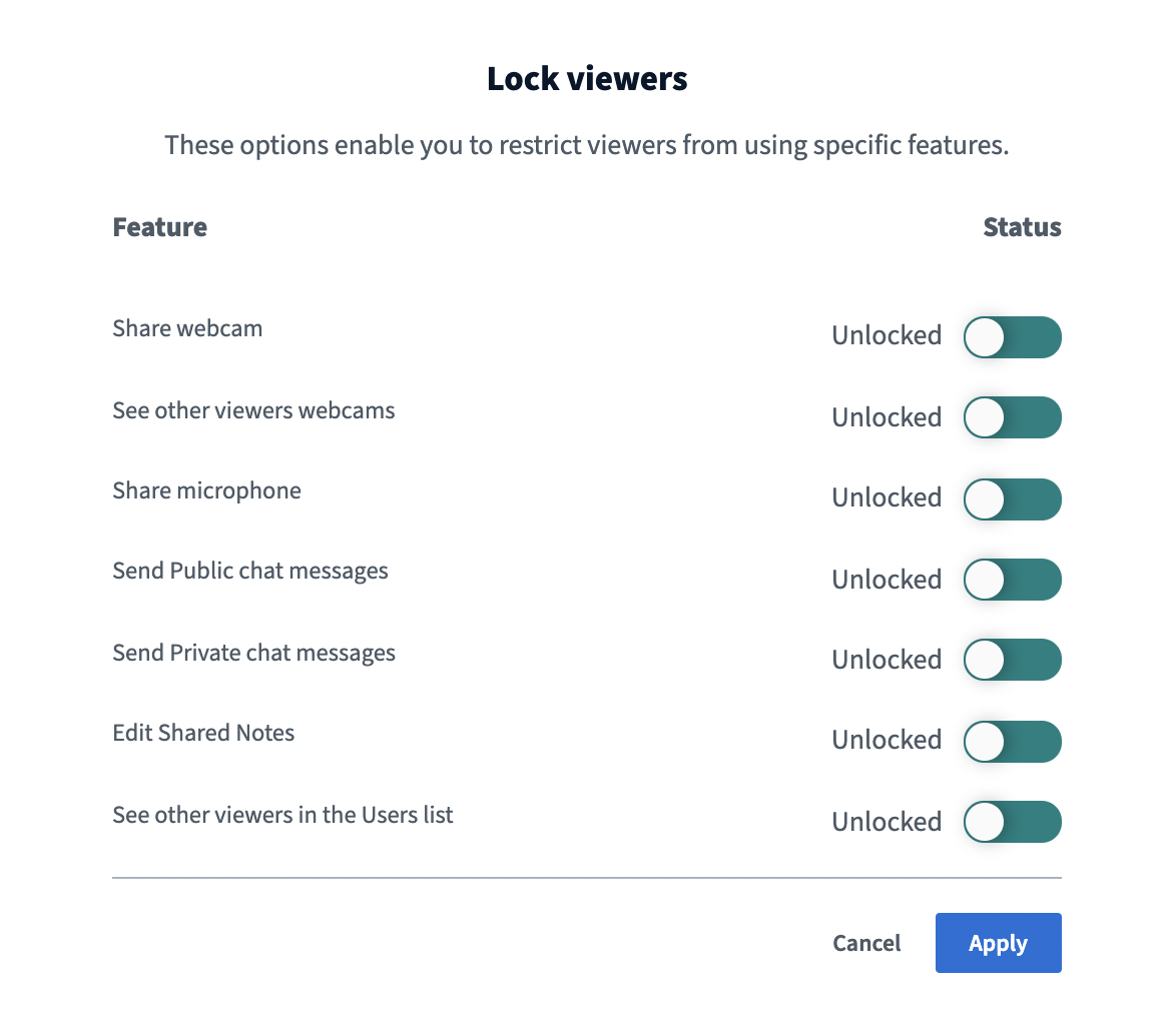 Figure of options you can restrict for viewers: share webcam, see other viewers webcam, share microphone, send public chat messages, send private chat messages, edit shared notes, see other viewers in the users list