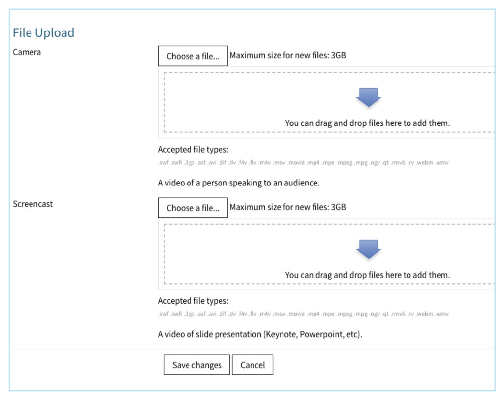 Video upload window: Options to upload just a video or a video and a screencast