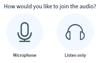 Screenshot: Wie möchten Sie der Konferenz beitreten? 2 Optionen: "Mit Mikrofon" oder "Nur zuhören"