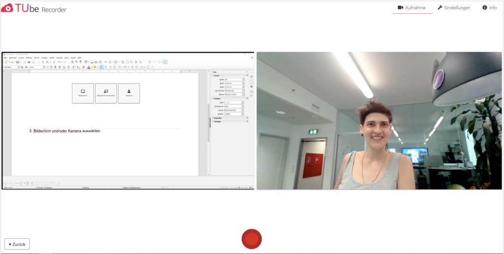 Aufzeichnung des Bildschirmes, der Webcam und dem roten Button unten mittig 