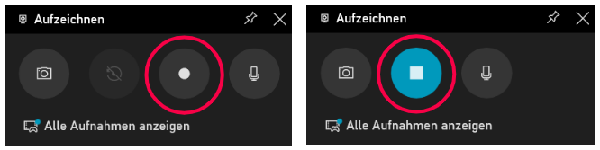 Menü der Windows-Bildschirmaufnahme: Die Aufname- und Stoptaste sind markiert