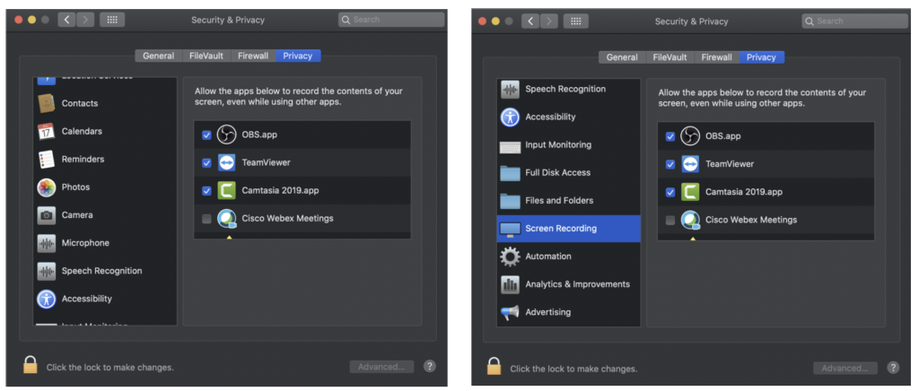 Screenshot der Sicherheitseinstellungen bei Mac