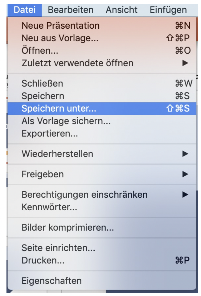 Screenshot des Reiters "Datei" und den verfügbaren Optionen