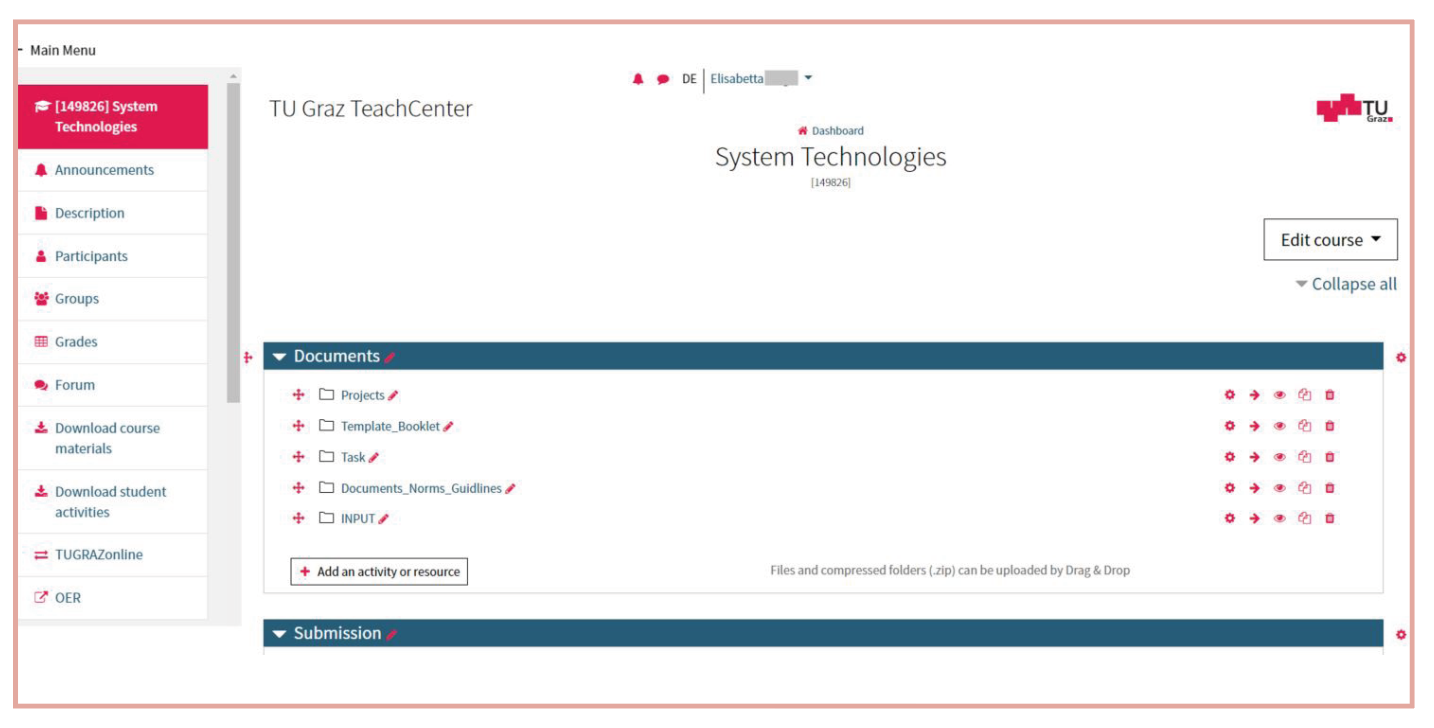 Screenshot of a course page and the main menu on the left