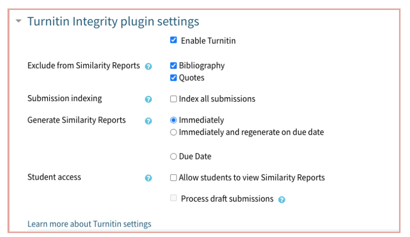 Turnitin Integrity plugin settings