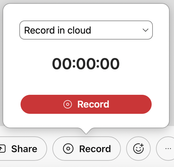 Recording menu in Webex, including type of recording, time, and record button