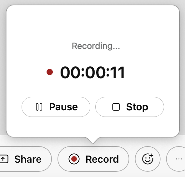 Recording menu including the duration of the recording and Pause and Stop buttons