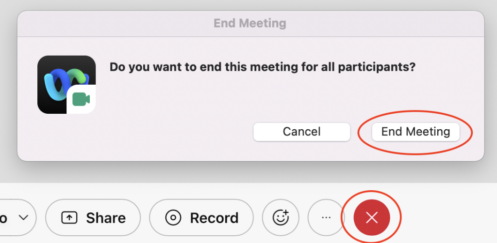 Pop-up window in which you have to confirm you want to end the meeting for all participants